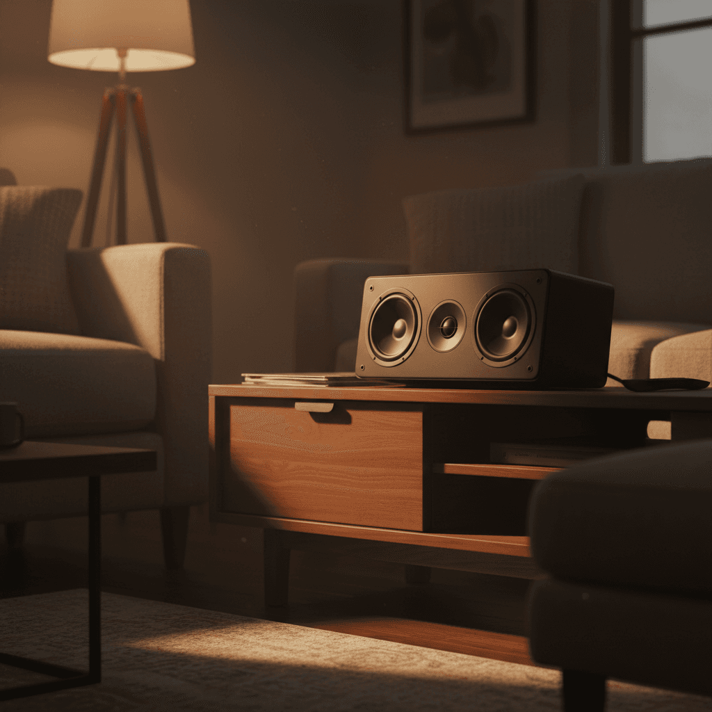 Centre-channel speaker on a media console in a dimly lit living room