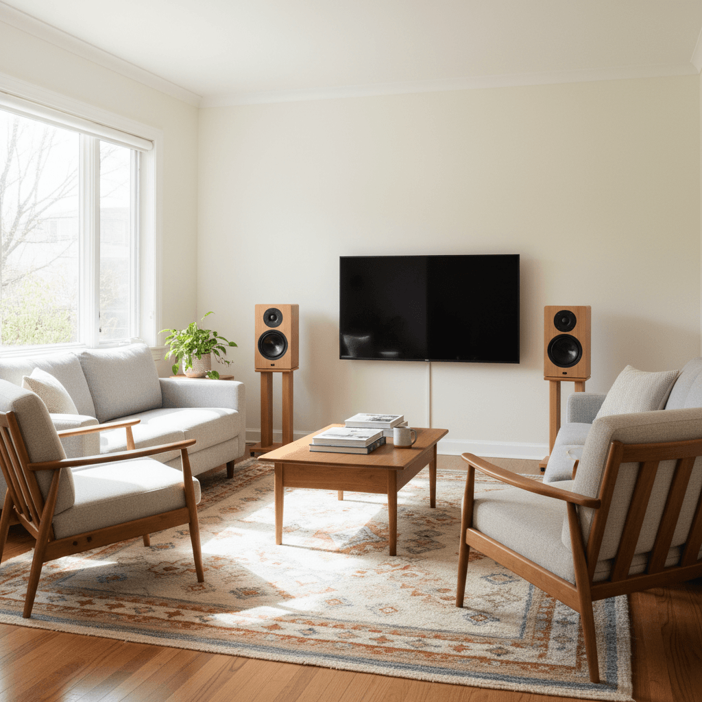 Bookshelf speakers on stands in a sunlit living room with a flat-screen TV