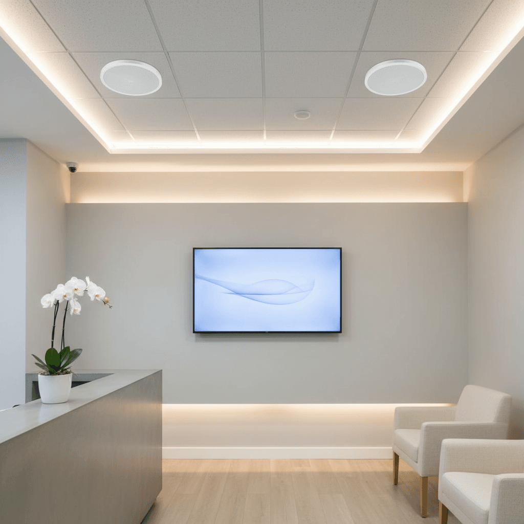 Commercial boardroom with ceiling speakers and a wall-mounted TV