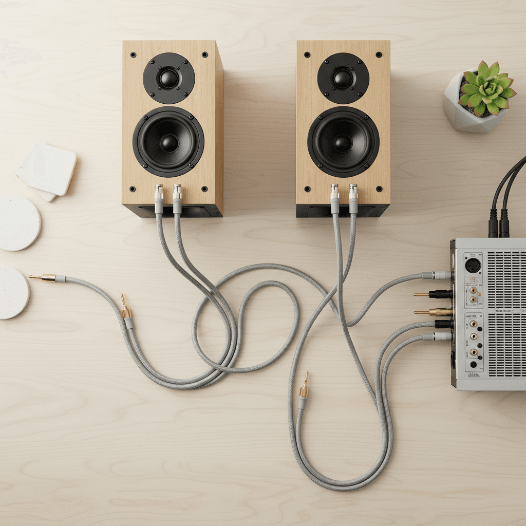 Top-down view of wired bookshelf speakers with banana plug cables