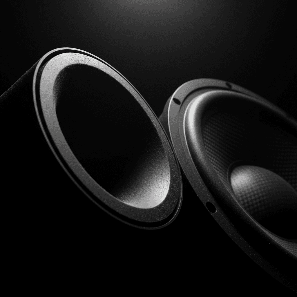 Close-up of a subwoofer's port and driver edge