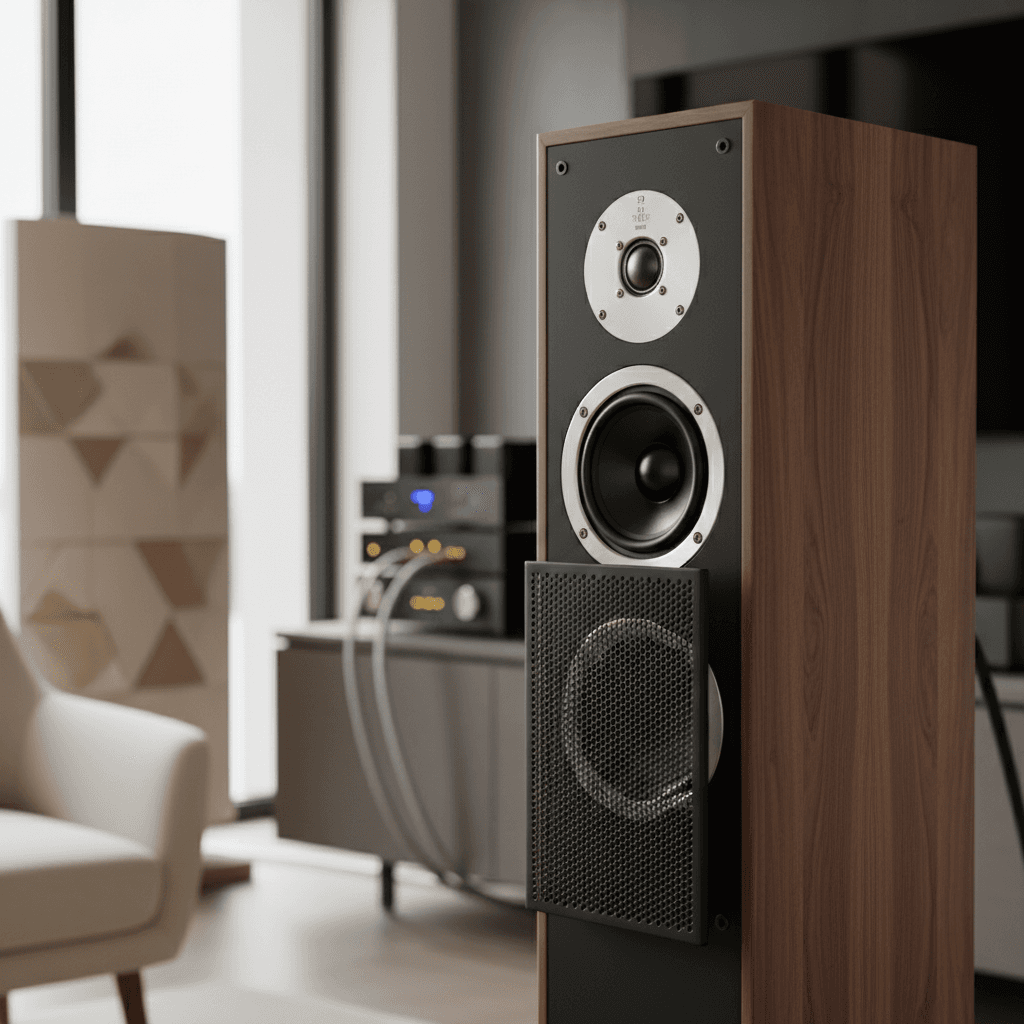 High-end speaker system with detailed driver components and wood veneer finish in modern listening room with natural light